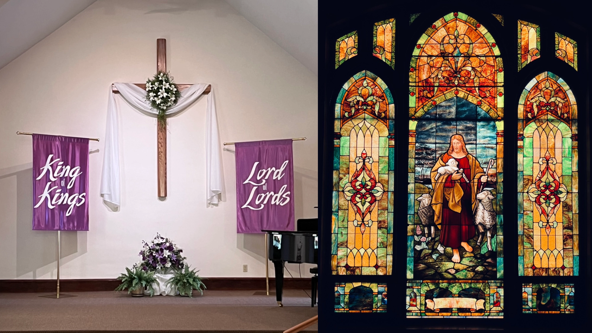 Church window and front of church view